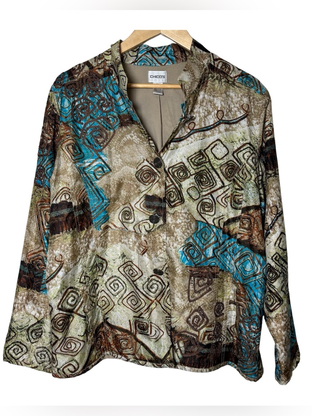 Chicos Eclectic Silk Button Front Long Sleeve Jacket Brown Size 3 XL Embroidered